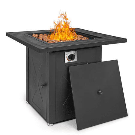 MoNiBloom 28" Outdoor Fire Pit Table 50,000 BTU Square Propane Gas Fire Pit Table Auto-Ignition with Lava Rocks and Metal Lid, Grey