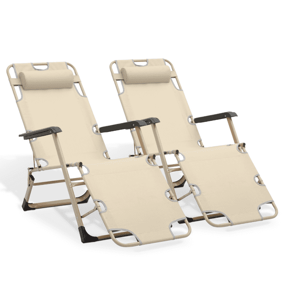 MoNiBloom 2Pcs Outdoor Folding Lounge Chaise Reclining Lounge Chair with Removable & Adjustable Pillow for Pool Camping Yard, 330lbs Capacity, Cream