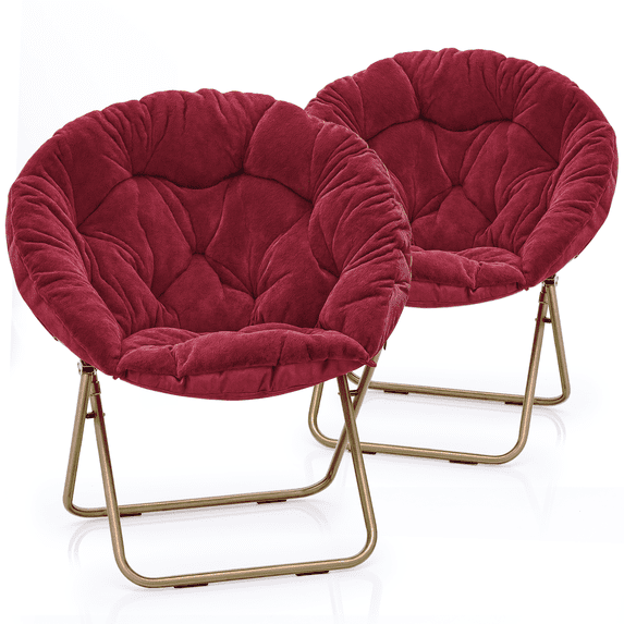 Monibloom Round Faux Fur Saucer Chair for Adults, Oversized Comfy Chair for Bedroom, Living Room, Dorm, Apartment, with Padded Folding Metal Frame, Red (Set of 2)