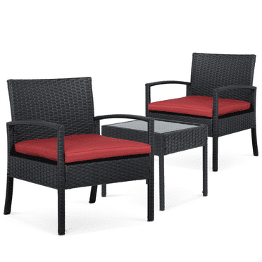 MoNiBloom 3 Pcs Patio Furniture Set, Outside Bistro Set, PE Rattan Chairs with Cushion, Tempered Glass Top Table, Outdoor Conversation Set for Porch Backyard Pool, Red
