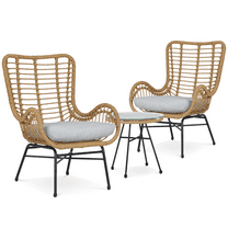 MoNiBloom 3 Piece Patio Furniture Set, Outdoor Garden Conversation Set for Backyard with Rattan Chair and Tempered Glass Desktop Table, Gray
