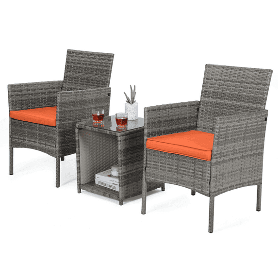 MoNiBloom 3 Pieces Outdoor Patio Furniture Set, PE Rattan Wicker Chairs with Table, Outdoor Garden Porch Conversation Set with Cushion and Glass Tabletop, Grey/Orange