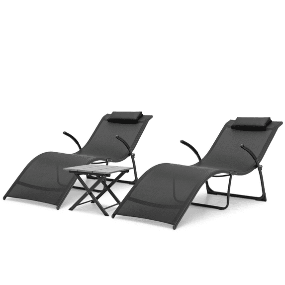 MoNiBloom 3 Pieces Patio Chaise Lounge Chair Set, Outdoor Beach Pool Reclining Chairs with Folding Table and Removable Pillow, Chaise Lounger for Backyard Porch, Black