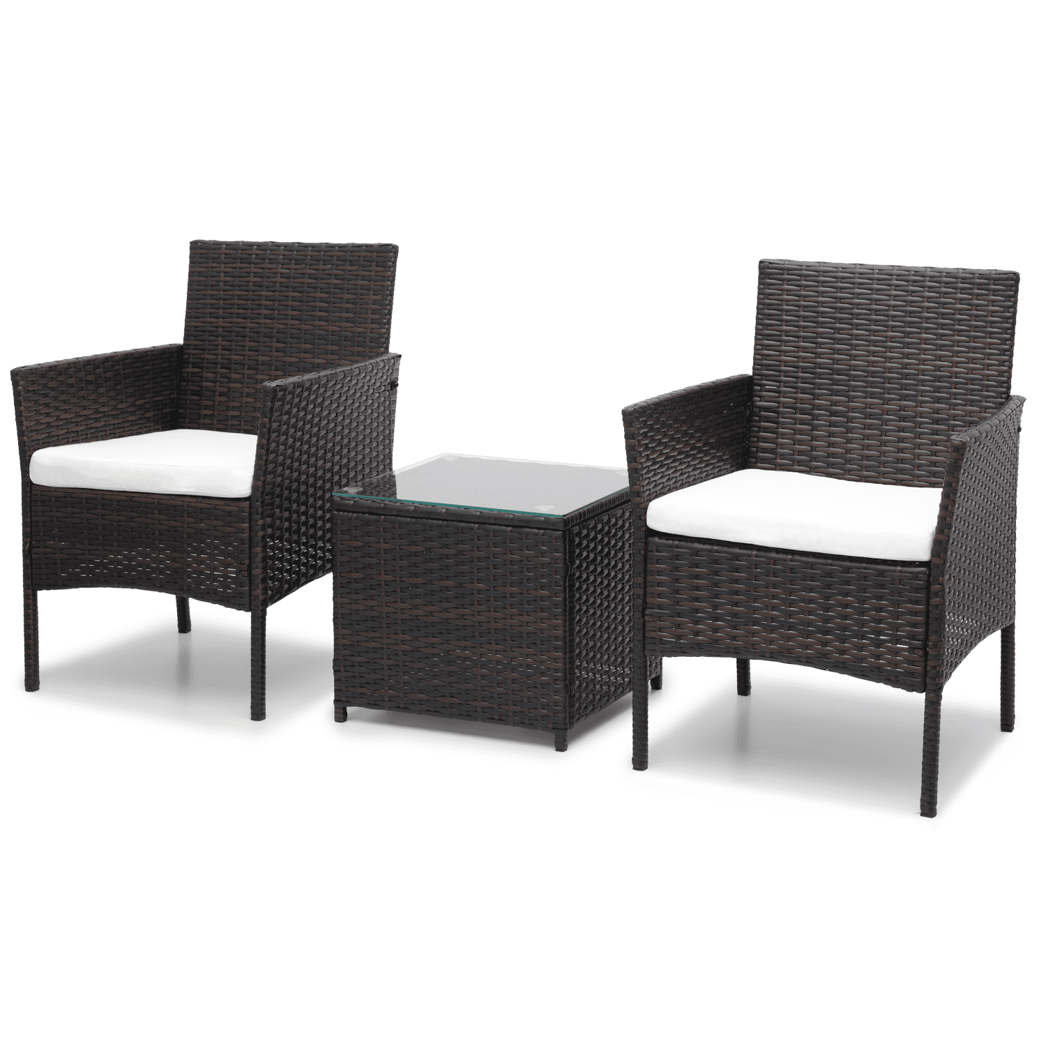 MoNiBloom 3pc PE Rattan Wicker Patio Set, Outdoor Garden Set with Cushion, Glass Tabletop, Brown