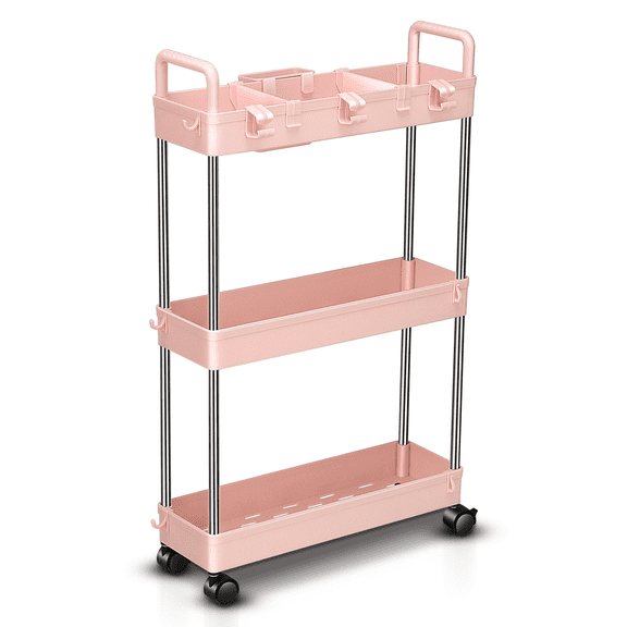 MoNiBloom 3 Tier Slim Rolling Utility Cart, Mobile Shelving Unit Trolley Cart Organizer With Wheels For Kitchen Bathroom,Pink