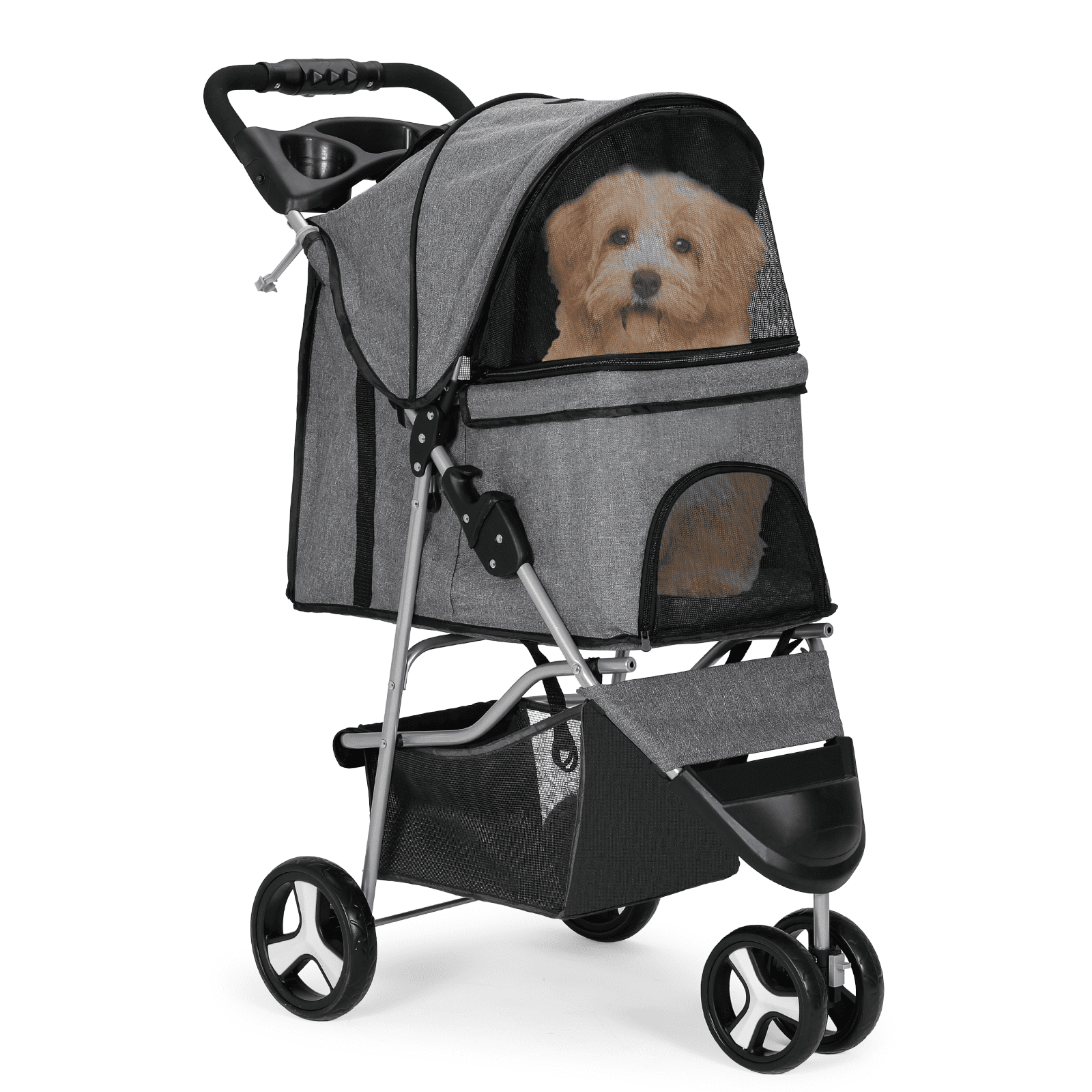Gray Foldable Pet Stroller with Storage and Cup Holder