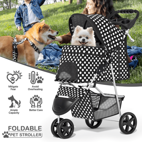 MoNiBloom 3 Wheel Folding Pet Dog Stroller, Foldable Lightweight Trolley with Storage Basket, Cup Holder and 360° Rotating Front Wheel for Small Medium Dogs, Black with White Polka Dots