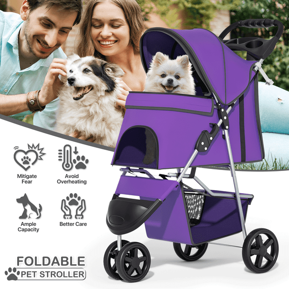 MoNiBloom 3 Wheel Folding Pet Dog Stroller, Foldable Lightweight Trolley with Storage Basket, Cup Holder and 360° Rotating Front Wheel for Small Medium Dogs, Purple