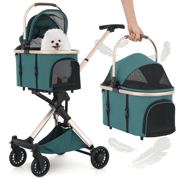 MoNiBloom 3-in-1 Pet Stroller with Storage Basket, 4 Wheels Cat Dog Stroller, Lightweight Doggy Stroller with Detachable Carrier, Multi-Angle Handle, Hunter Green