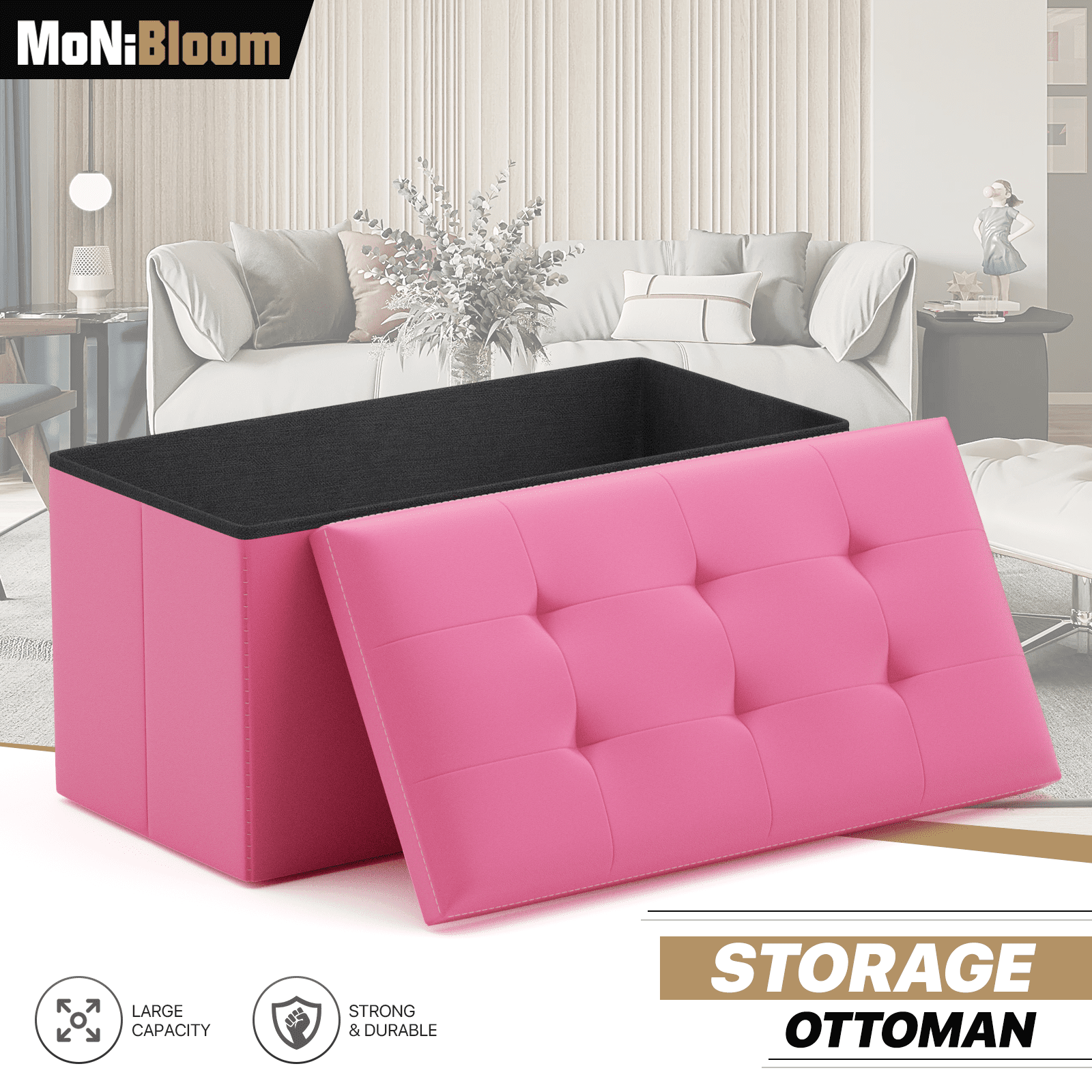 MoNiBloom 30" Folding Storage Ottoman Bench, PU Leather Collapsible Footrest Ottoman with Storage, for Living Room Bedroom Entryway, Dark Pink