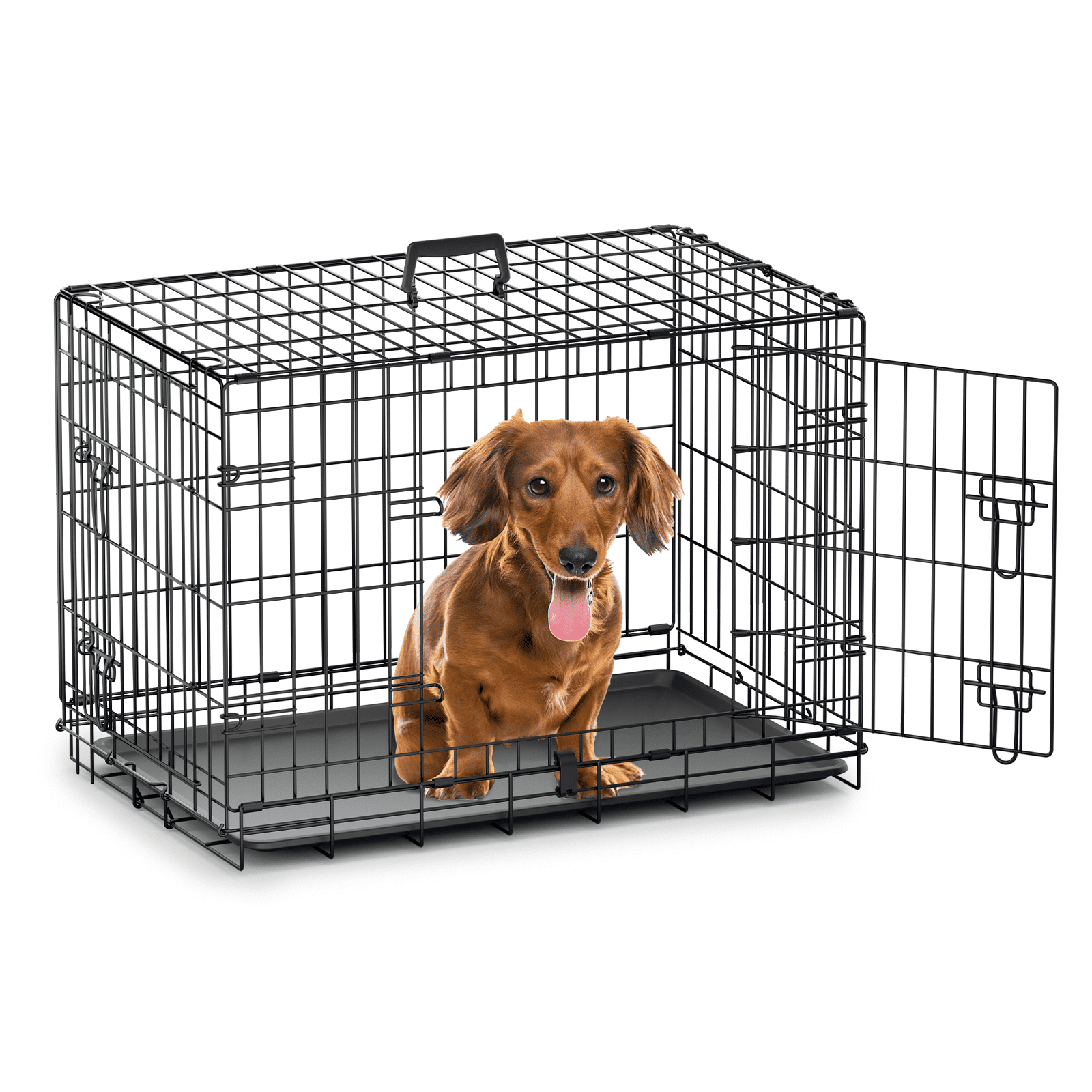 30" Black Metal Double-Door Foldable Dog Crate with Tray