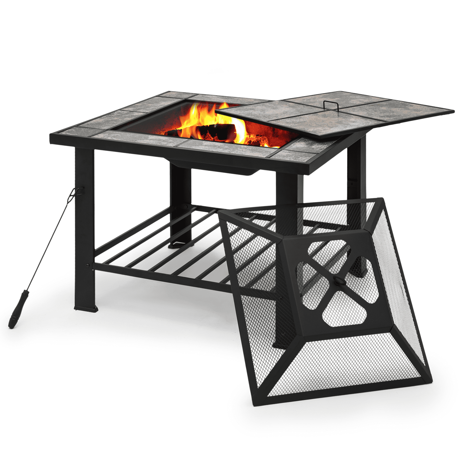 30" Black Metal Wood Burning Fire Pit Table with Tile Lid