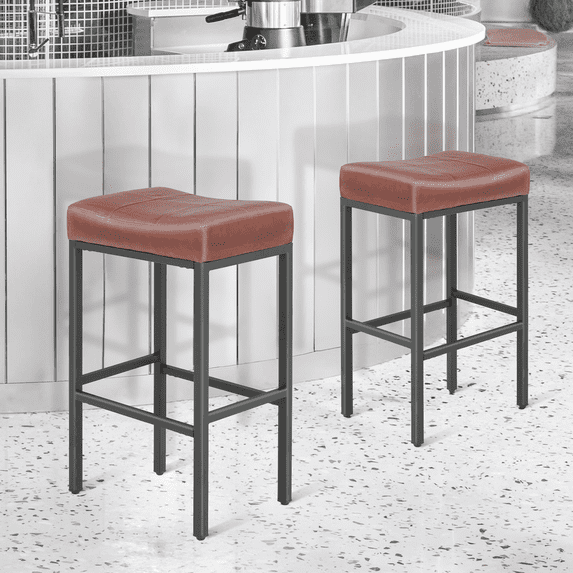 MoNiBloom 31.5" Backless Counter Bar Stool Set of 2, PU Leather Upholstered Saddle Seat Barstools for Kitchen Island, Metal Frame, Gray