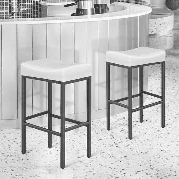 MoNiBloom 31.5" Backless Counter Bar Stool Set of 2, PU Leather Upholstered Saddle Seat Barstools for Kitchen Island, Metal Frame, White