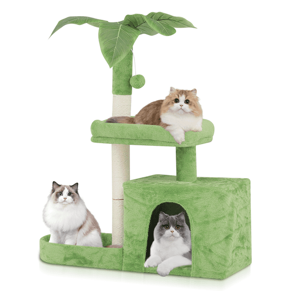 MoNiBloom 32" Cat Tree Tower with Leaf Design, Scratching Posts, Perch, Cat Cave and Hanging Ball for Indoor Cats, Lawn Green