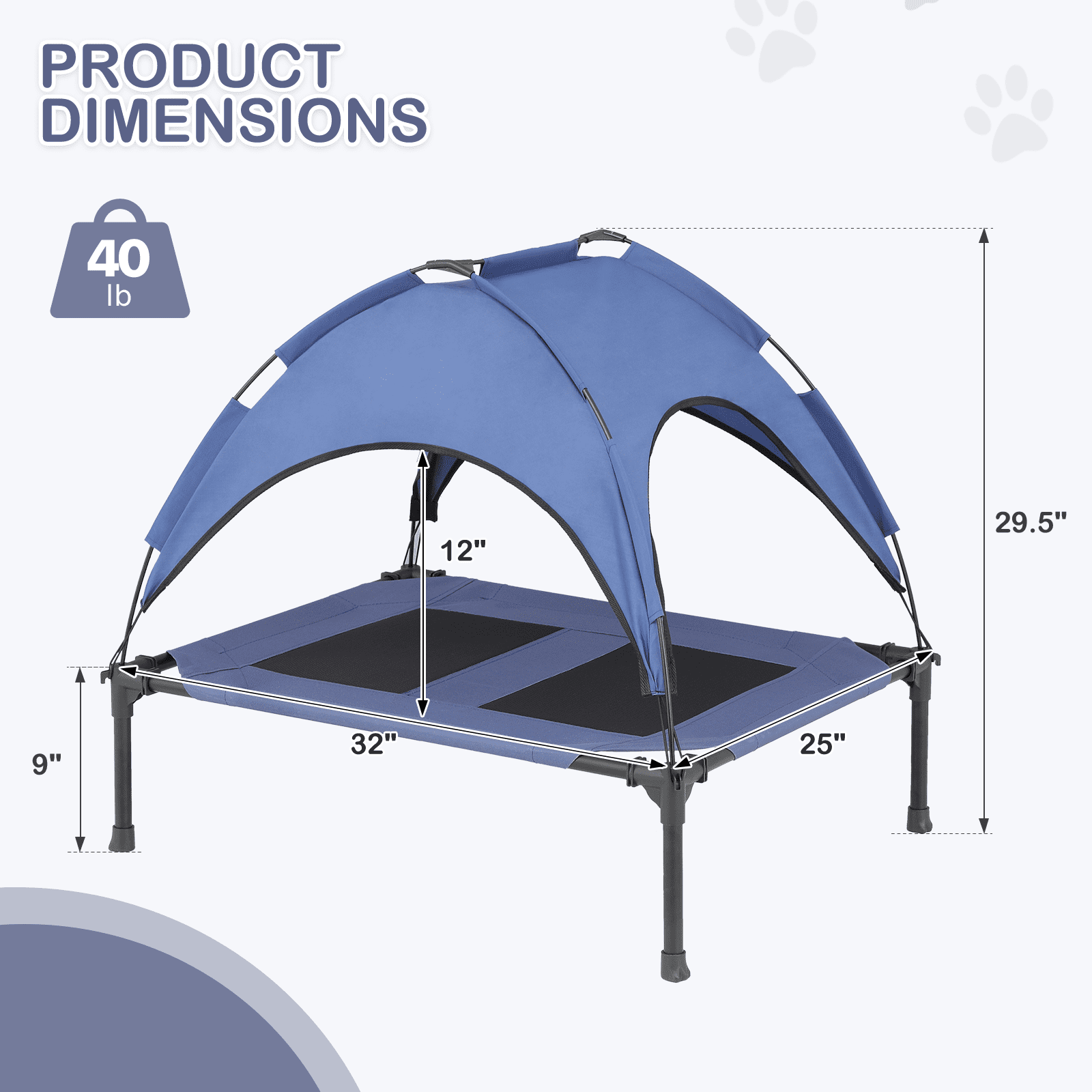 Small Navy Blue Elevated Waterproof Outdoor Dog Bed with Canopy