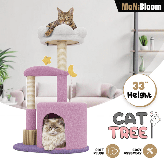 MoNiBloom 33" Flower Cat Tree for Indoor Cats, Compact Cat Tower with Condo, Scratching Posts, Flower Perch & Dangling Toys for Kittens & Small Cats, Cute Cat Furniture Stand, Purple