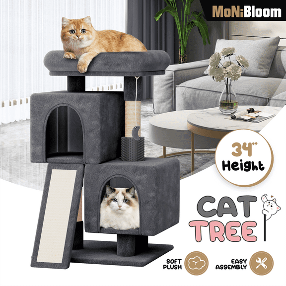 MoNiBloom 34 Inch Cat Tree With 2 Condos, Scratching Post & Sisal-Covered Board, Climbing Tower for Indoor Cats, Somky Grey
