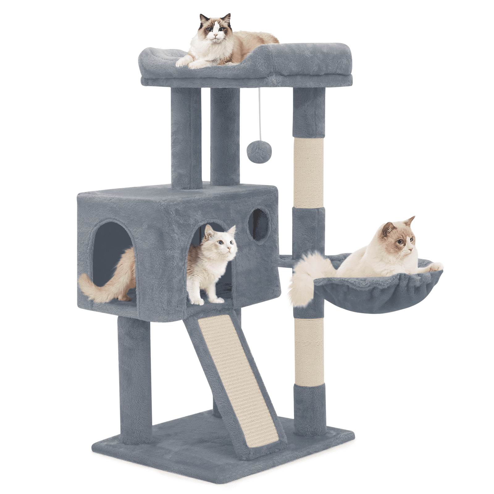 Light Gray Sisal-Covered 36" Cat Tree Tower with Hammock
