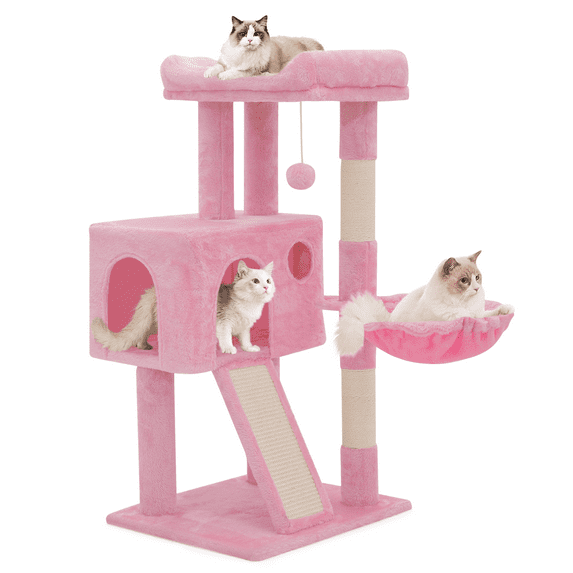 MoNiBloom 36-in Cat Tree & Kittens Play House, Multi-Level Plush Cat Condo for Indoor Cats, Soft Pink