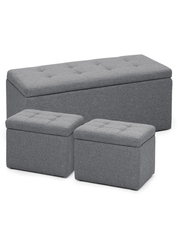 MoNiBloom 3Pcs Storage Ottoman Bench Cube Set, Tufted Ottomans Toy Chest Storage Boxes Footrest Stools Bench for Living Room, Entryway, Hallway, Bedroom, Grey