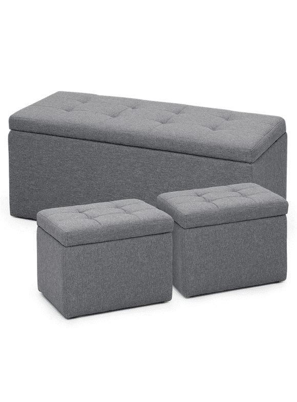 MoNiBloom 3Pcs Storage Ottoman Bench Cube Set, Tufted Ottomans Toy Chest Storage Boxes Footrest Stools Bench for Living Room, Entryway, Hallway, Bedroom, Grey