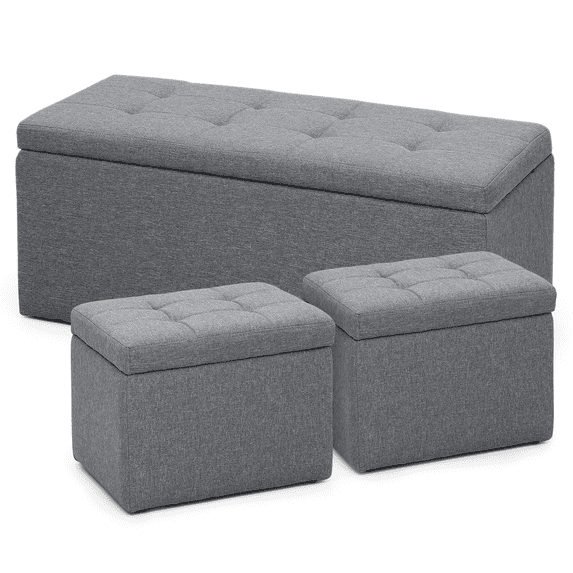 MoNiBloom 3Pcs Storage Ottoman Bench Cube Set, Tufted Ottomans Toy Chest Storage Boxes Footrest Stools Bench for Living Room, Entryway, Hallway, Bedroom, Grey