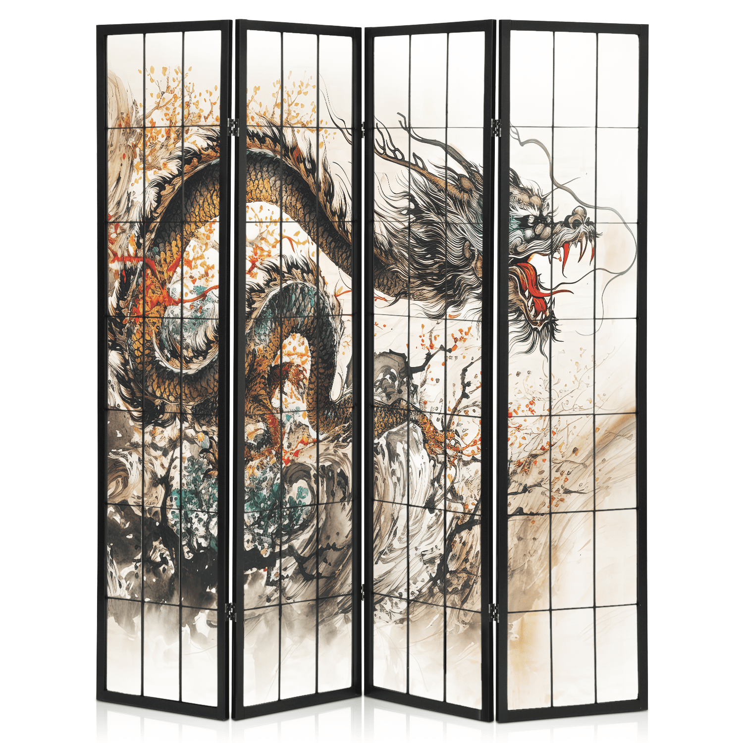 MoNiBloom 4 Panel Room Divider, Dragon Pattern Folding Privacy Screen