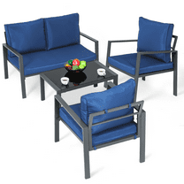 MoNiBloom 4 Pieces Patio Furniture Set, Steel Outdoor Conversation Set with 3 Chairs, 1 Tempered Glass Coffee Table and Cushions, Blue