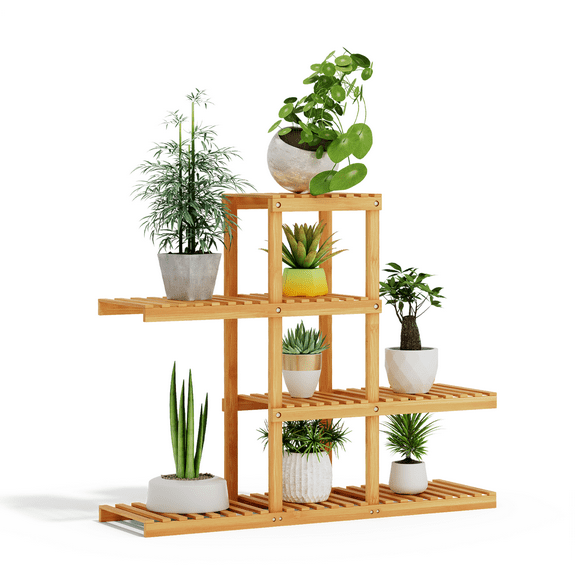 MoNiBloom 4-Tier Wooden Plant Stand Indoor Outdoor Multi Layer Flower Pot Shelf Rack Display Organizer for Garden Balcony Patio Living Room, Natural