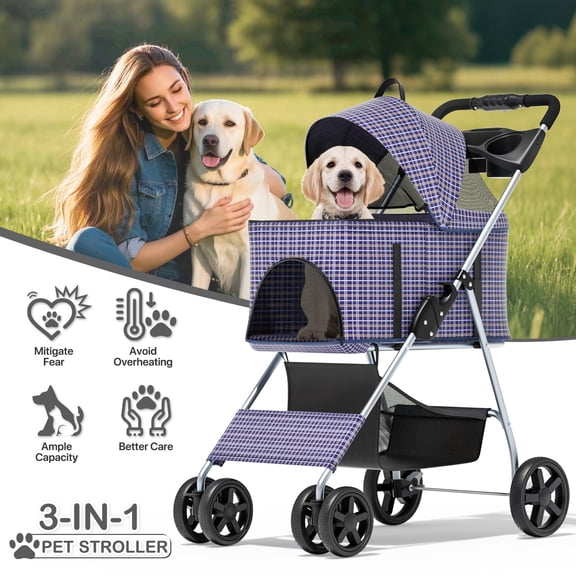 MoNiBloom 4 Wheel Foldable Dog Pet Stroller with Cup Holder, Plaid
