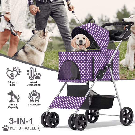 MoNiBloom 4 Wheel Foldable Dog Pet Stroller with Cup Holder, Purple with White Polka Dots