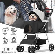 MoNiBloom 4 Wheel Foldable Dog Pet Stroller with Detachable Storage Basket, Black