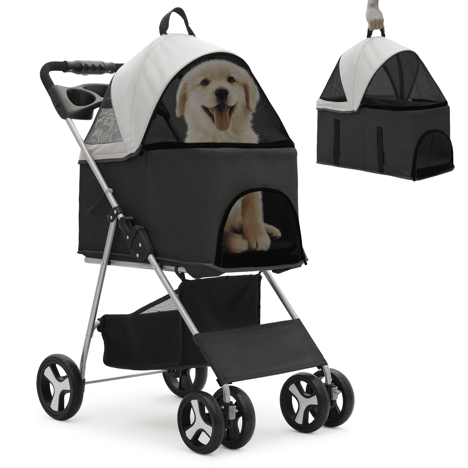 MoNiBloom 4 Wheel Foldable Dog Pet Stroller with Detachable Storage