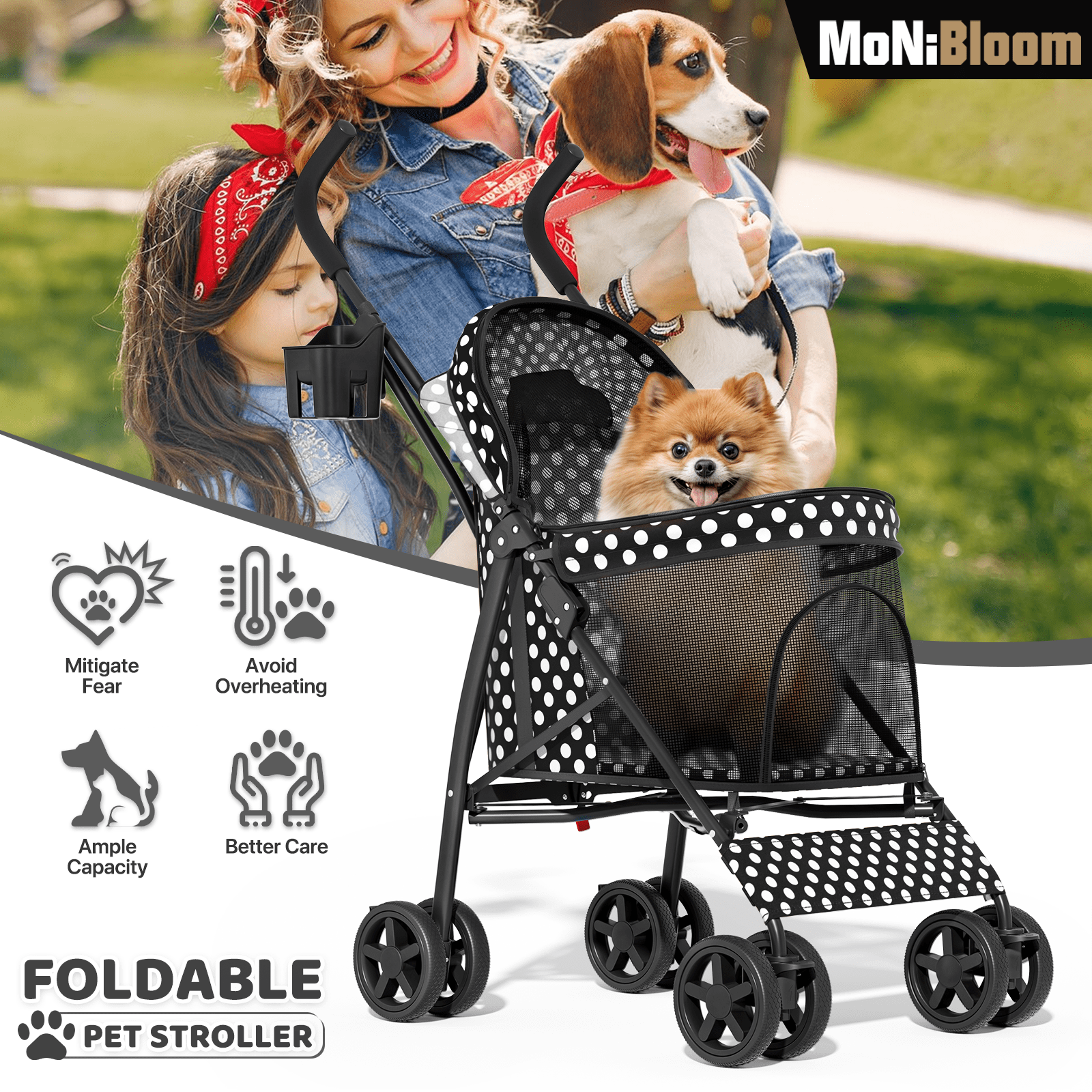 Troller Dogs MoNiBloom 4 Wheel Foldable Lightweight Pet Stroller Trolley for Cats ...