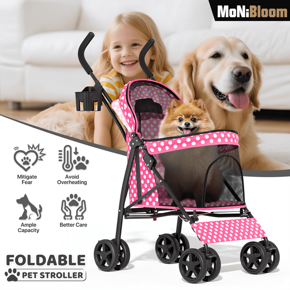 MoNiBloom 4 Wheel Foldable Lightweight Pet Trolley for Cats & Dogs, Hot Pink with White Polka Dots