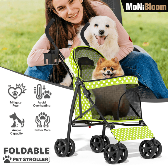 MoNiBloom 4 Wheel Foldable Lightweight Pet Trolley for Cats & Dogs, Lawn Green with White Polka Dots