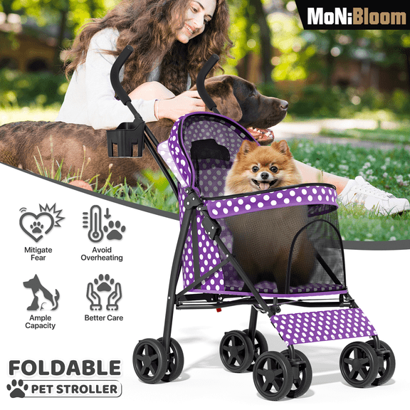 MoNiBloom 4 Wheel Foldable Lightweight Pet Trolley for Cats & Dogs, Purple with White Polka Dots