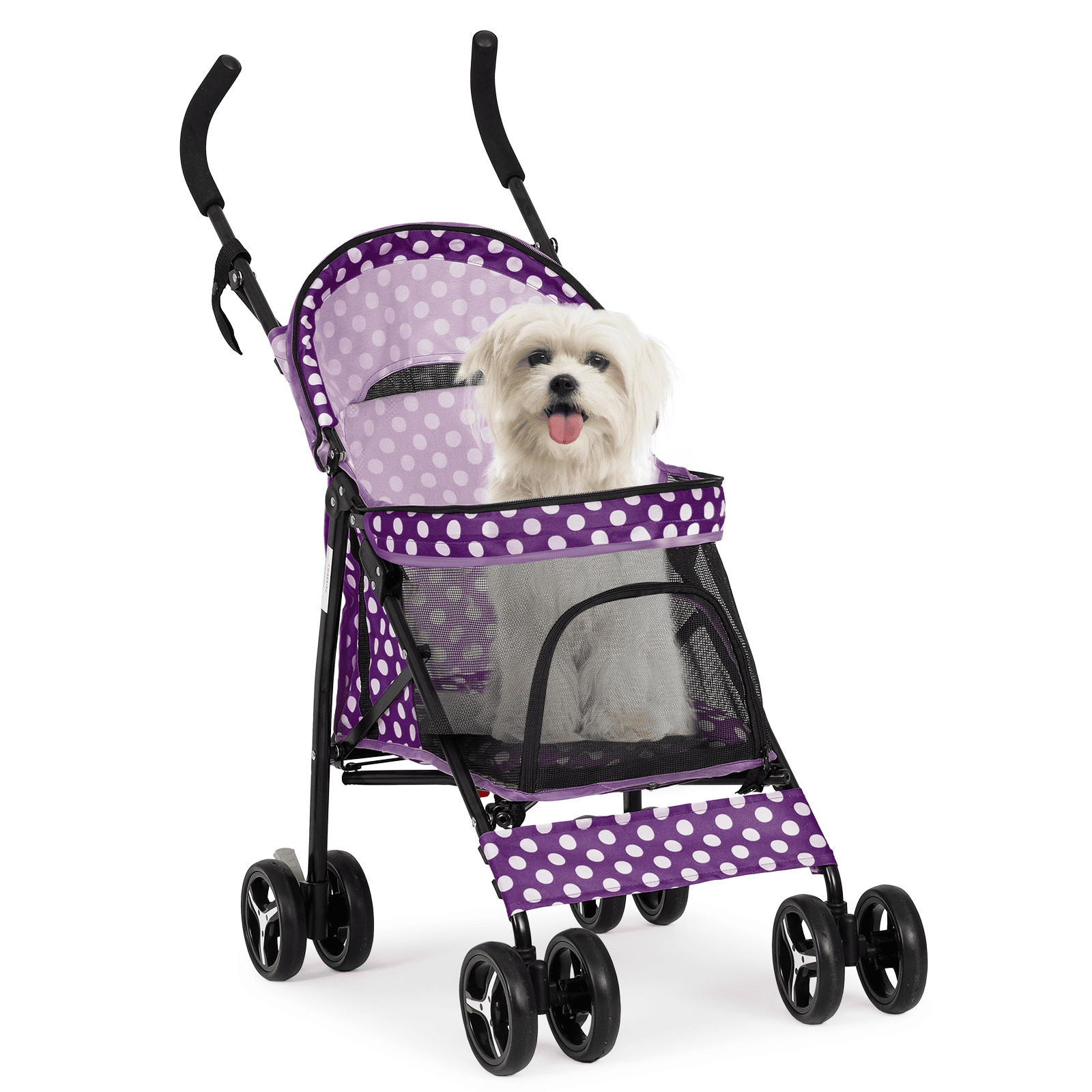 Purple Polka Dot Steel Frame Foldable Pet Stroller with Mesh Windows