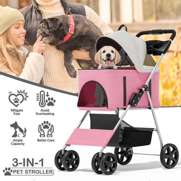 MoNiBloom 4 Wheel Lightweight Foldable Dog Pet Stroller, Pink