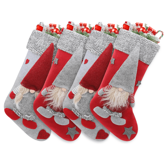 MoNiBloom 4 pack 3D Christmas Stockings with Whimsical 3D Santa Characters, Classic Red and Grey Fireplace Hanging for Family Holiday Xmas Party Decorations