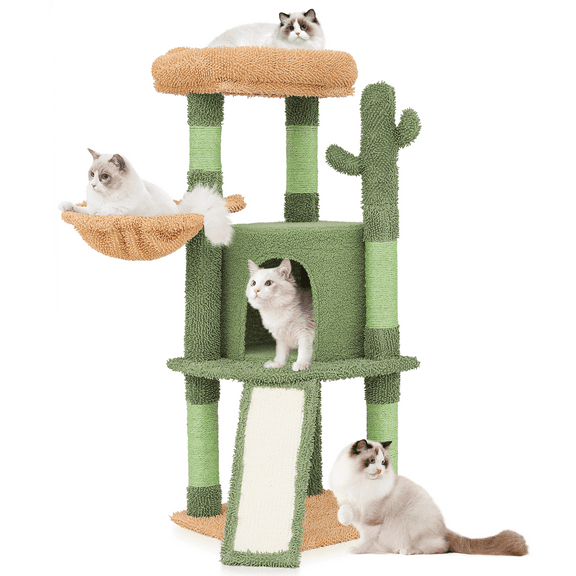 MoNiBloom 42" Luxurious Large Cat Tree Condo, Multilevel Tower with Scratching Posts, Perch, Road and Hammock for Indoor Cats, Cactus Green