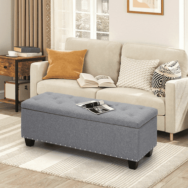 MoNiBloom 42" Microfiber Rectangle Storage Ottoman, Upholstered Tufted Footrest Stool Footstool with Nailhead Trims for Living Room Bedroom Home Office, Grey