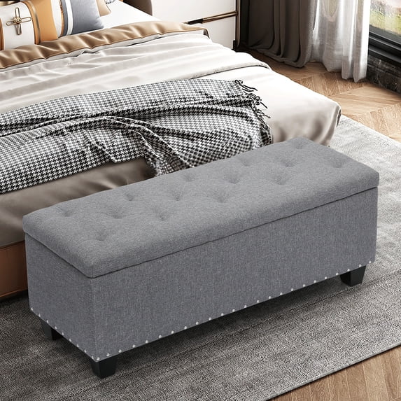 MoNiBloom 42" Microfiber Rectangle Storage Ottoman, Upholstered Tufted Footrest Stool Footstool with Nailhead Trims for Living Room Bedroom Home Office, Grey