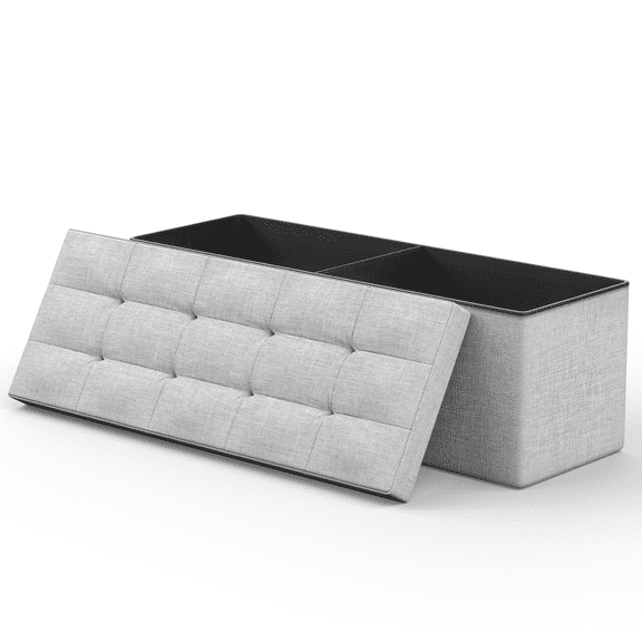 MoNiBloom 43" Collapsible Ottoman with Storage, Cotton-linen Storage Ottoman Bench, Modern Storage Footstool for Living Room Bedroom Entryway, Light Gray
