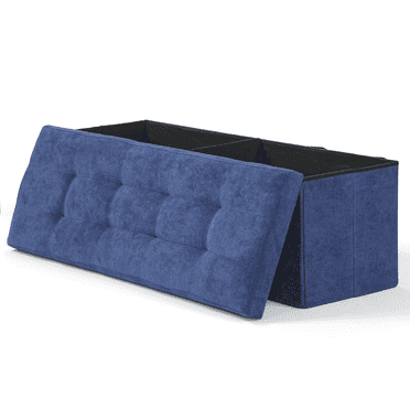 MoNiBloom 43" Collapsible Ottoman with Storage, Cotton-linen Storage Ottoman Bench, Modern Storage Footstool for Living Room Bedroom Entryway, Navy Blue