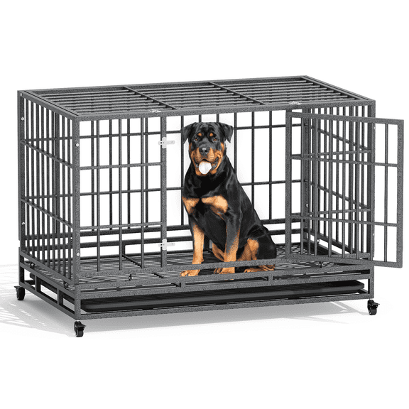 MoNiBloom 48.5" Alloy Steel Heavy Duty Indestructible Dog Crate w/Removable Tray and Lockable Wheels, High Anxiety Cage Kennel for Outdoor and Indoor, Large, Dark Silver