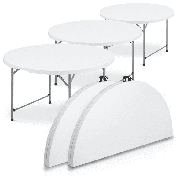 MoNiBloom 4Ft Portable Round Foldable Table Set of 5, Banquet Event Wedding Card Plastic Desk with Handle and Lock, White