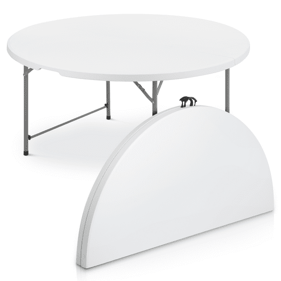 MoNiBloom 5 Ft Bi-Fold Plastic Table, Foldable Round Indoor Outdoor Desk for Kitchen Party Wedding, White/Grey