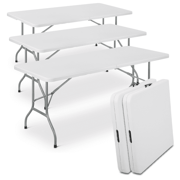 MoNiBloom 5 Pack 8Ft Bi-Fold Heavy Duty Table, Indoor Outdoor Portable Plastic Picnic Desk w/Steel Legs and Handle, White